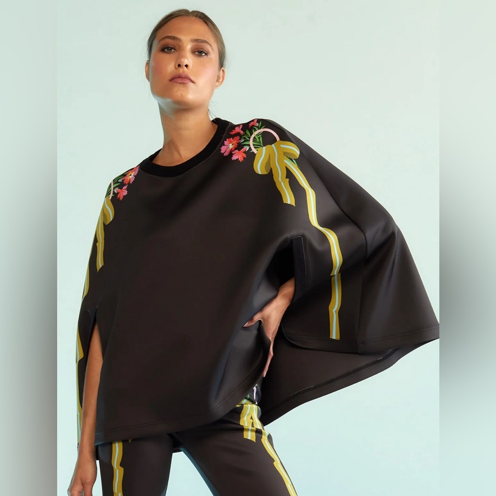 Floral Embroidered Black Cape Jacket